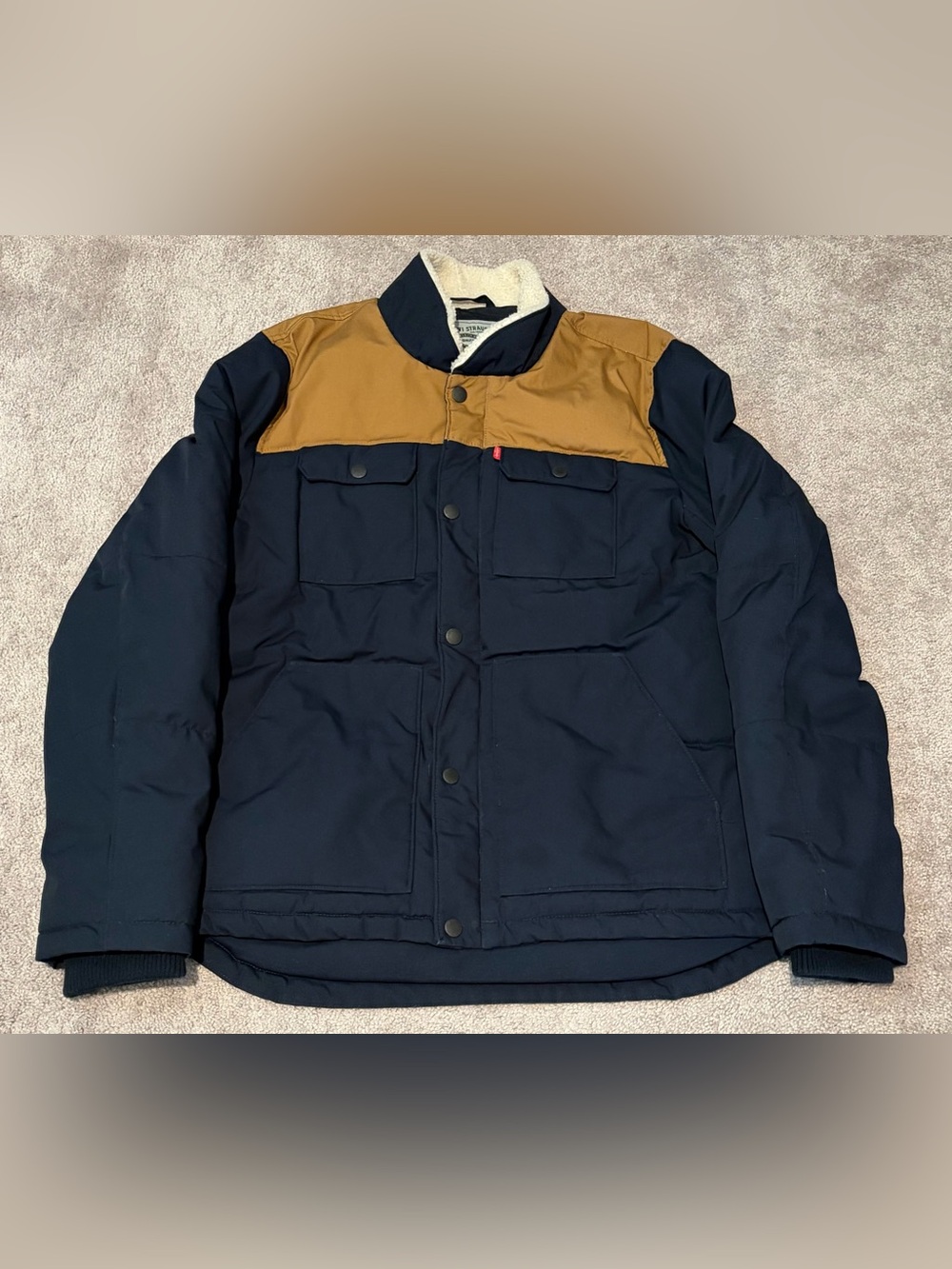 Levi's Puffer Jacket Woodsman Quilted Blue Brown Sherpa Collar Men’s Size Large